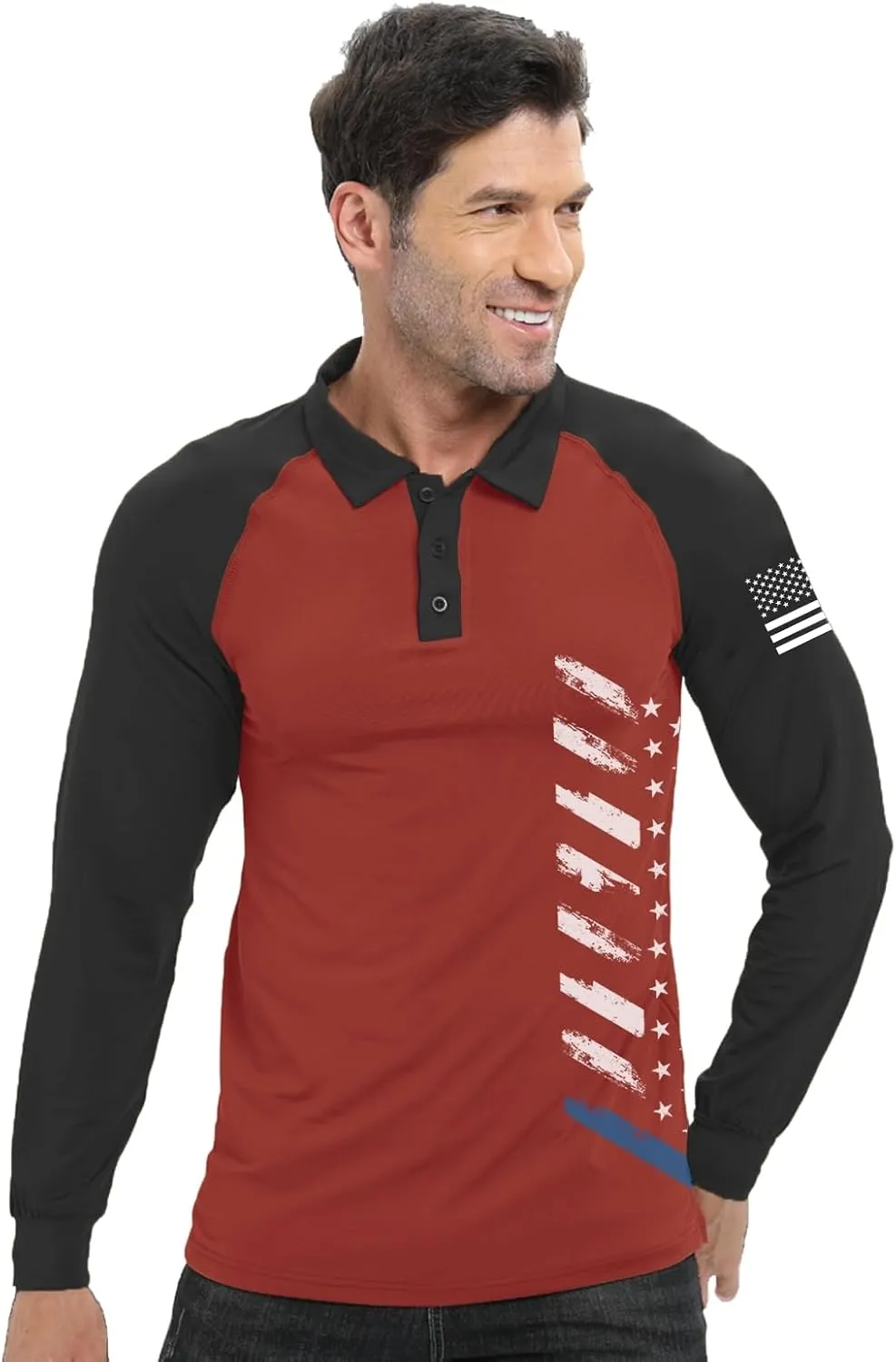 H HYFOL Long Sleeve Polo Shirts for Men Graphic Stretch Casual American Patriotic Raglan Golf Polos for Men
