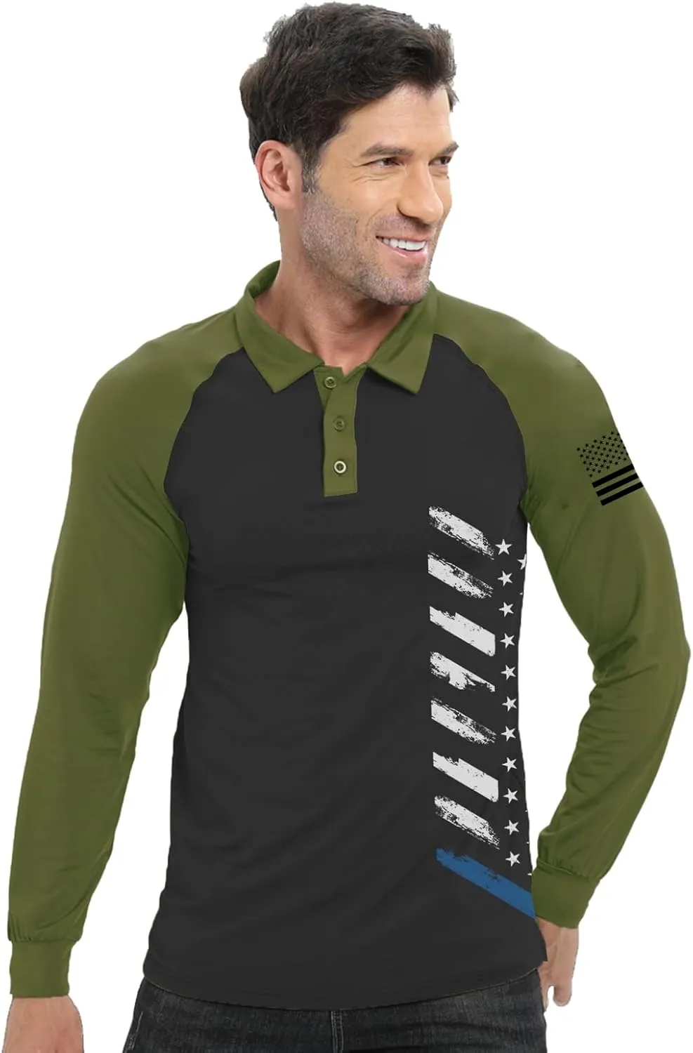 H HYFOL Long Sleeve Polo Shirts for Men Graphic Stretch Casual American Patriotic Raglan Golf Polos for Men