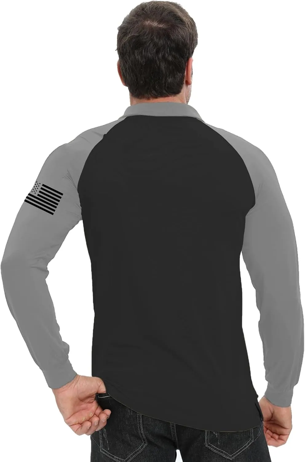 H HYFOL Long Sleeve Polo Shirts for Men Graphic Stretch Casual American Patriotic Raglan Golf Polos for Men