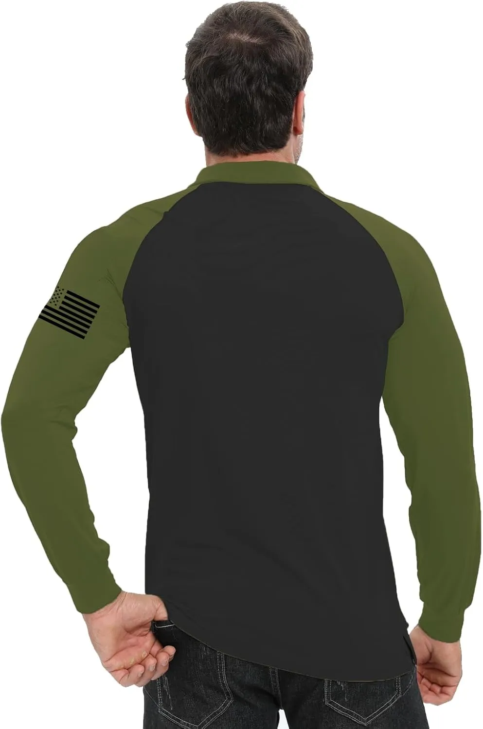 H HYFOL Long Sleeve Polo Shirts for Men Graphic Stretch Casual American Patriotic Raglan Golf Polos for Men