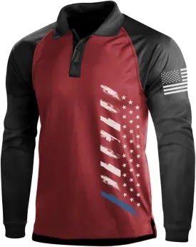 H HYFOL Long Sleeve Polo Shirts for Men Graphic Stretch Casual American Patriotic Raglan Golf Polos for Men