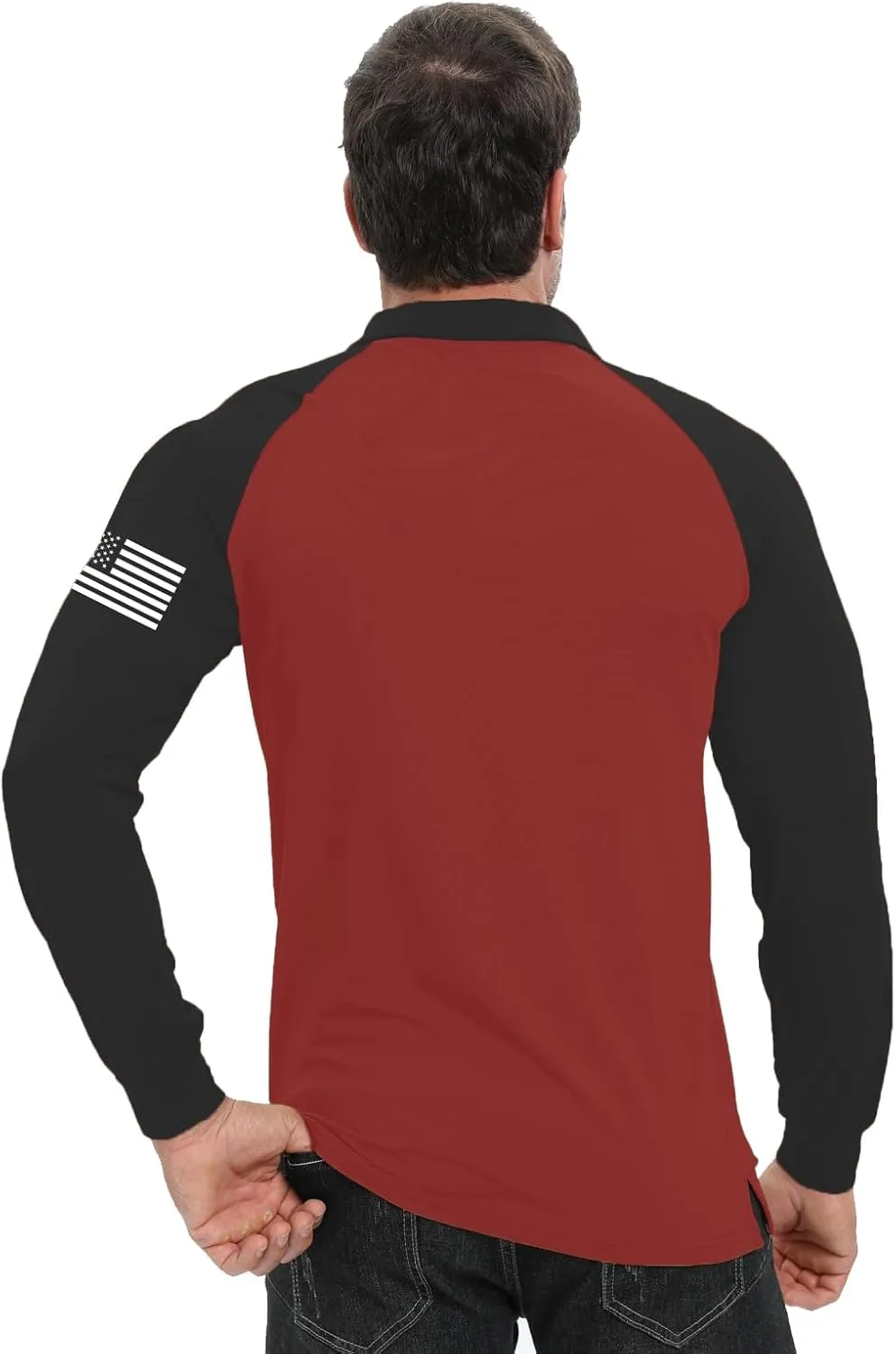 H HYFOL Long Sleeve Polo Shirts for Men Graphic Stretch Casual American Patriotic Raglan Golf Polos for Men