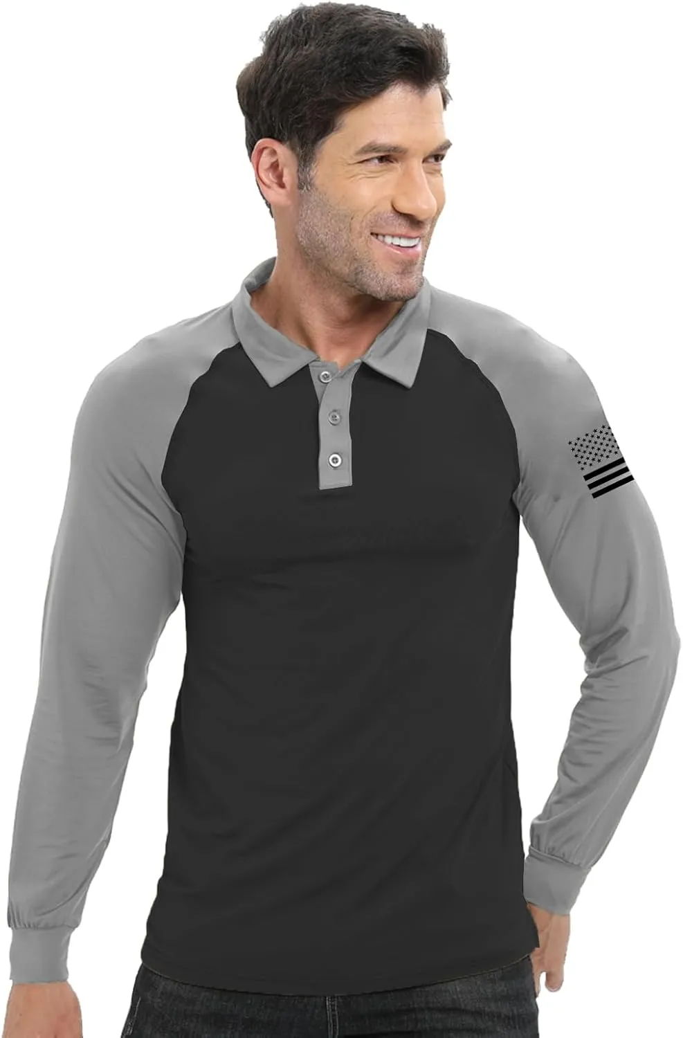 H HYFOL Long Sleeve Polo Shirts for Men Graphic Stretch Casual American Patriotic Raglan Golf Polos for Men
