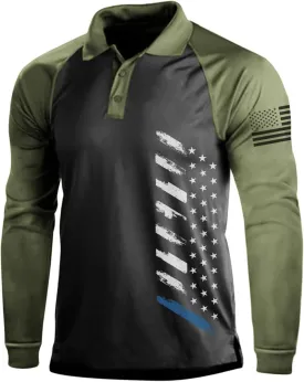 H HYFOL Long Sleeve Polo Shirts for Men Graphic Stretch Casual American Patriotic Raglan Golf Polos for Men