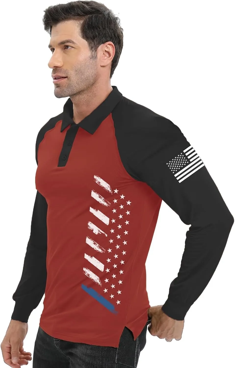 H HYFOL Long Sleeve Polo Shirts for Men Graphic Stretch Casual American Patriotic Raglan Golf Polos for Men