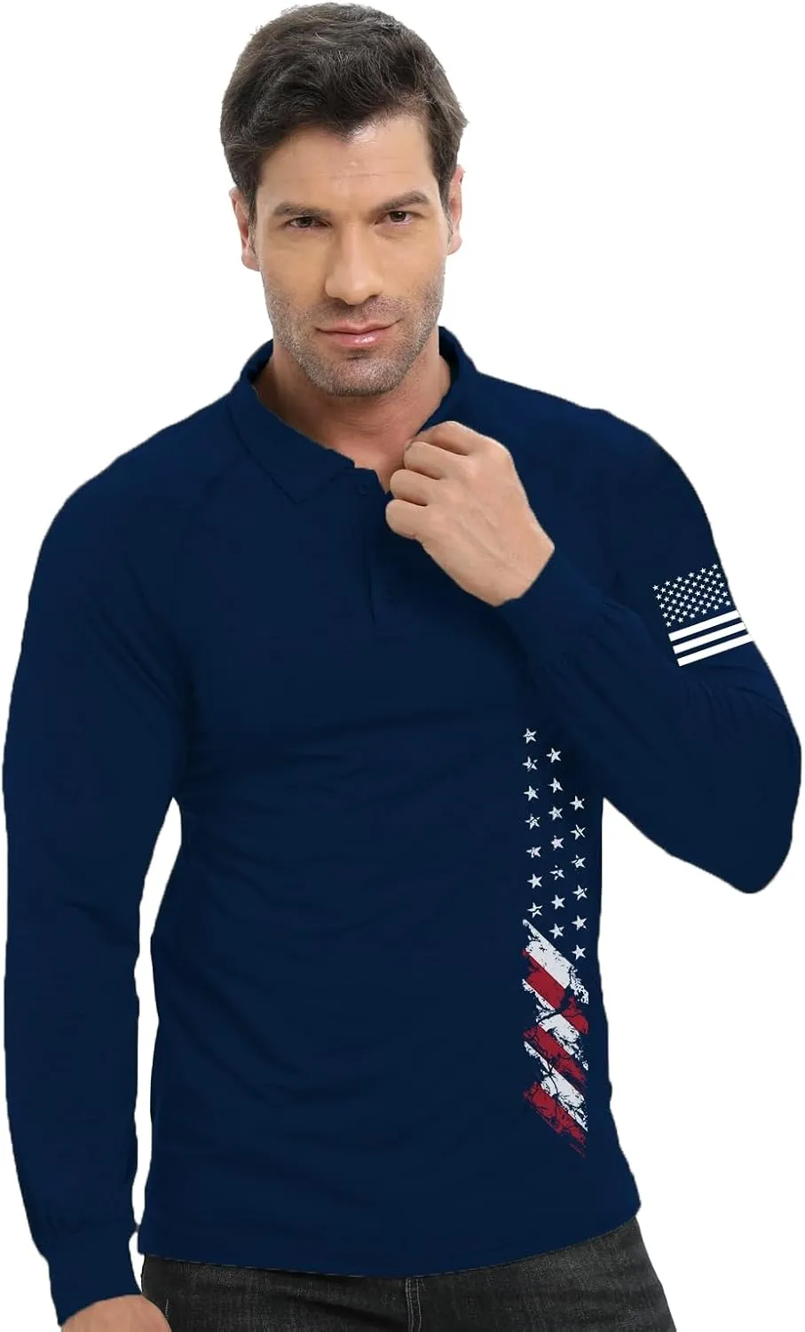 H HYFOL Long Sleeve Polo Shirts for Men Graphic Stretch Casual American Patriotic Raglan Golf Polos for Men