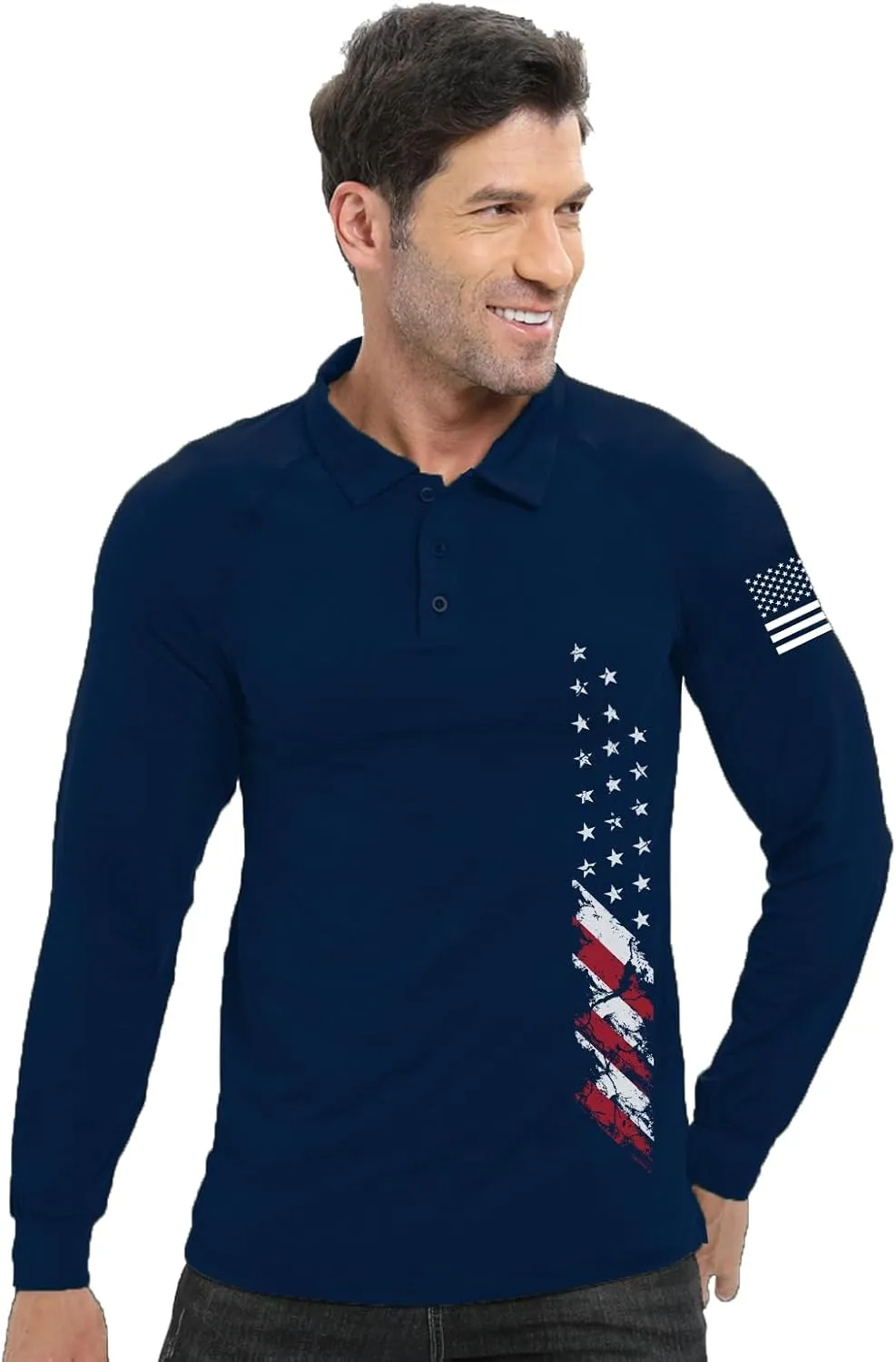 H HYFOL Long Sleeve Polo Shirts for Men Graphic Stretch Casual American Patriotic Raglan Golf Polos for Men
