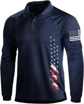 H HYFOL Long Sleeve Polo Shirts for Men Graphic Stretch Casual American Patriotic Raglan Golf Polos for Men