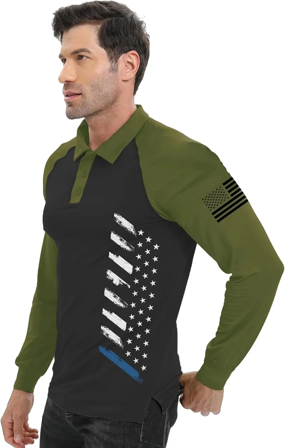 H HYFOL Long Sleeve Polo Shirts for Men Graphic Stretch Casual American Patriotic Raglan Golf Polos for Men