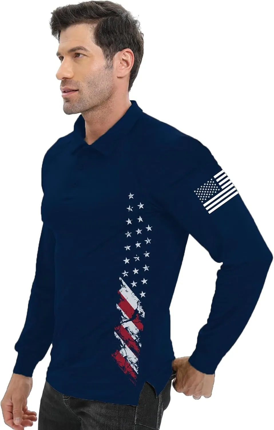 H HYFOL Long Sleeve Polo Shirts for Men Graphic Stretch Casual American Patriotic Raglan Golf Polos for Men