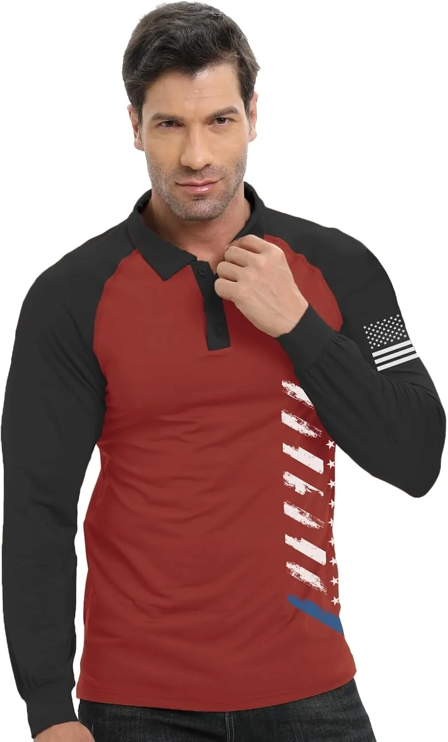 H HYFOL Long Sleeve Polo Shirts for Men Graphic Stretch Casual American Patriotic Raglan Golf Polos for Men