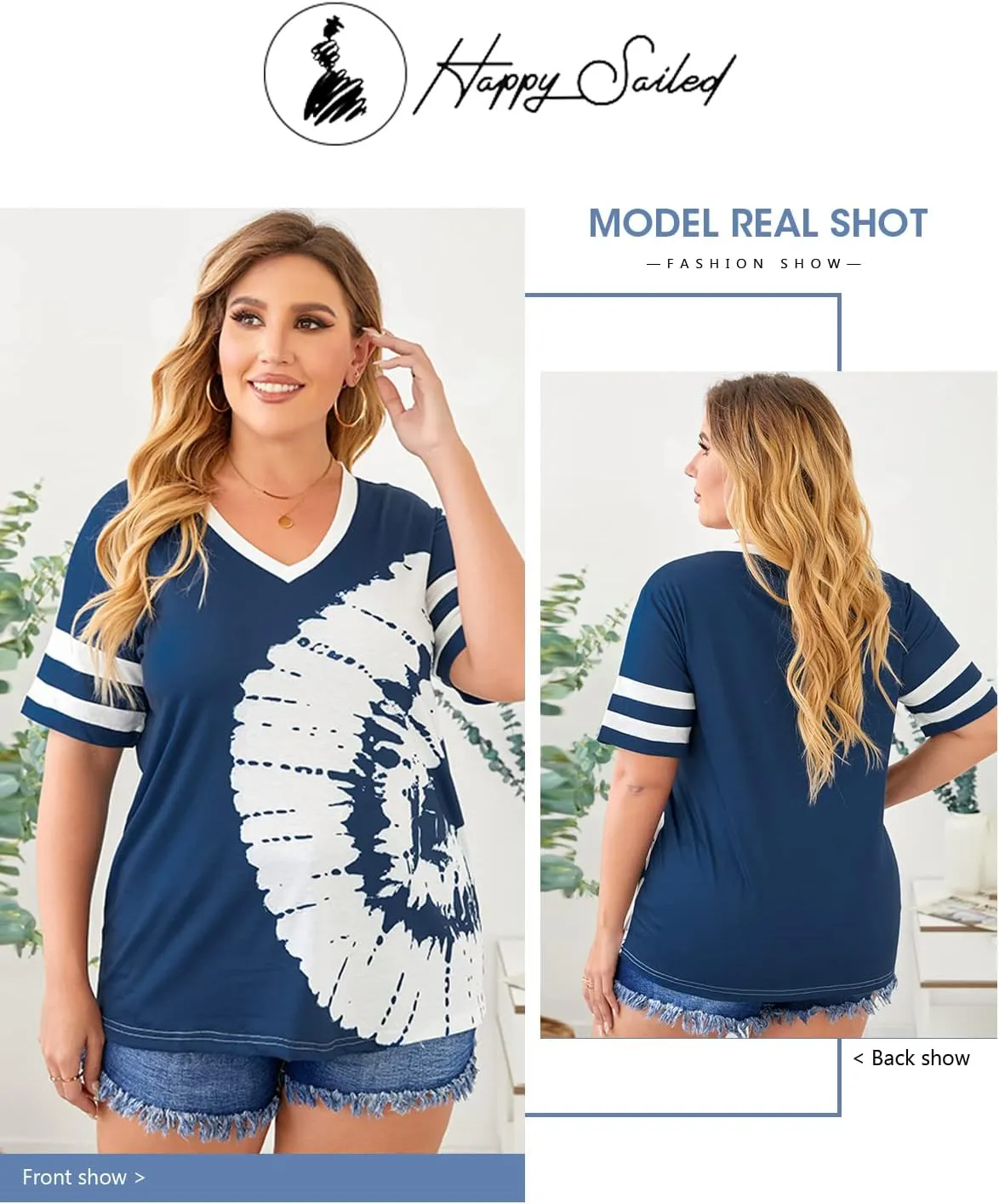 Happy Sailed Womens Plus Size Tunic Tops Summer Short Sleeve V Neck Striped Loose Casual Tee Shirt(1X-5X)