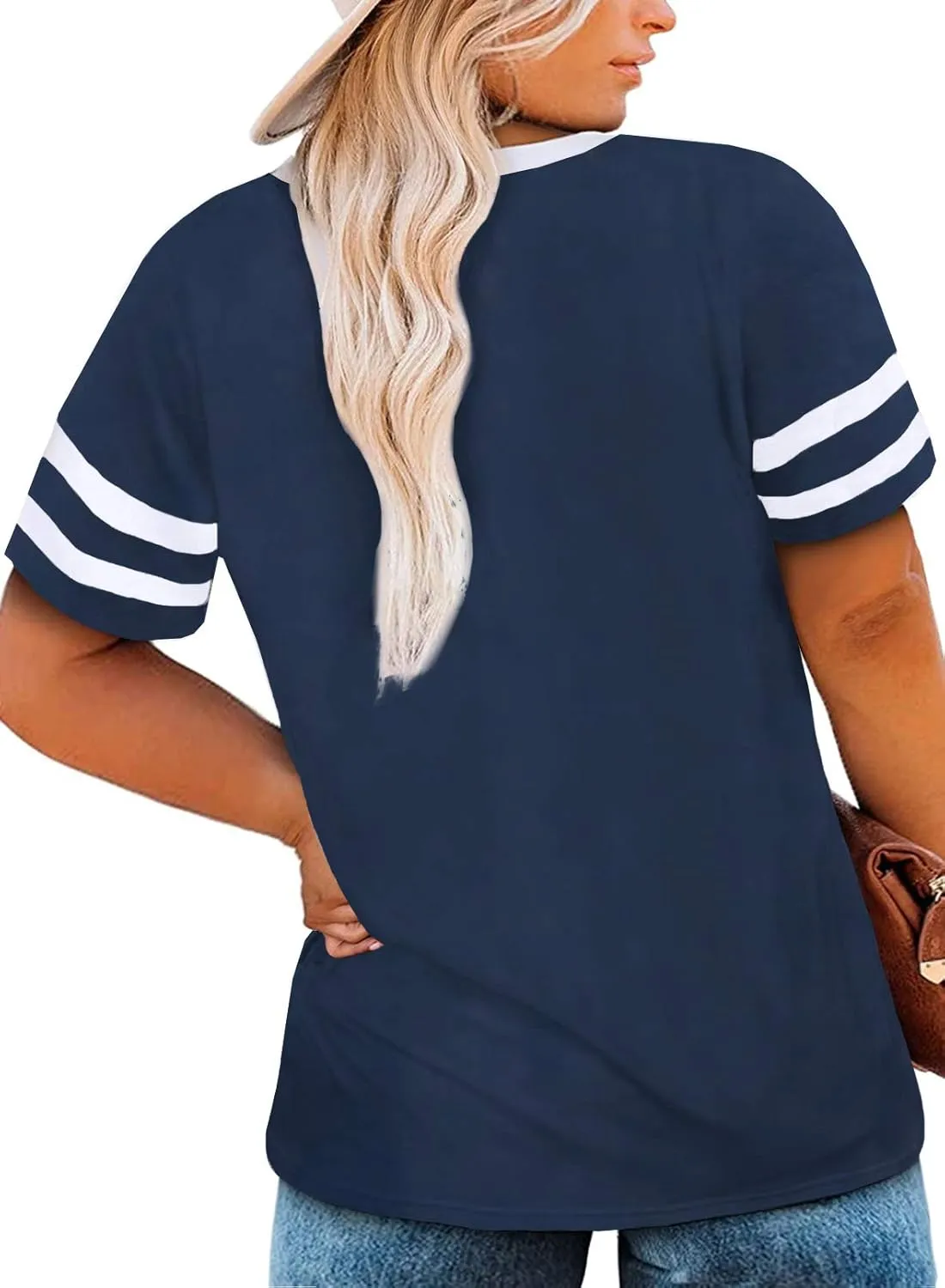 Happy Sailed Womens Plus Size Tunic Tops Summer Short Sleeve V Neck Striped Loose Casual Tee Shirt(1X-5X)