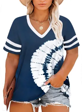Happy Sailed Womens Plus Size Tunic Tops Summer Short Sleeve V Neck Striped Loose Casual Tee Shirt(1X-5X)