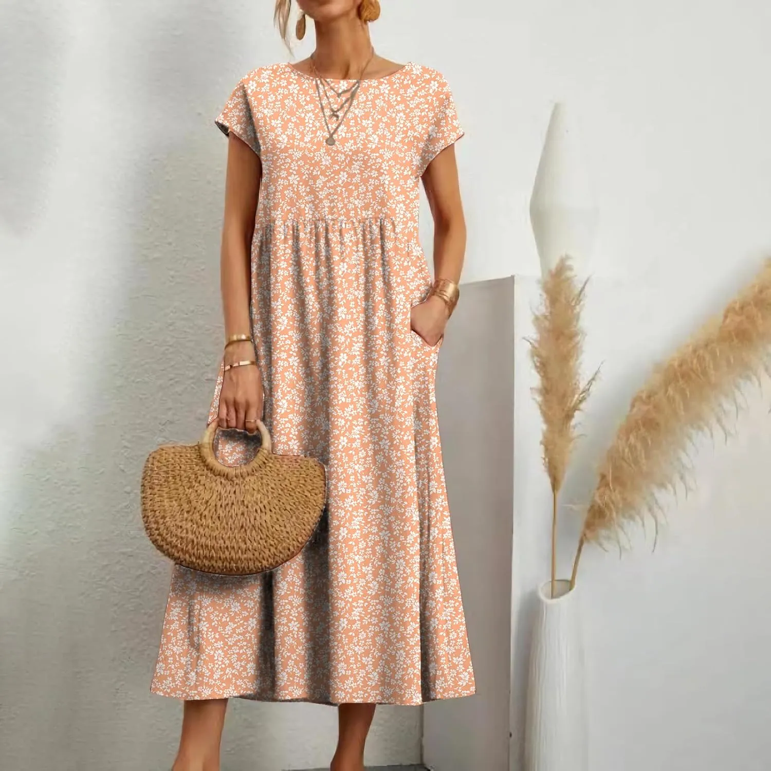 HOTYD Women's Boho Floral Midi Dress Summer Vacation Casual Flowy Pleated Short Sleeve Long Tshirt Dress with Pockets