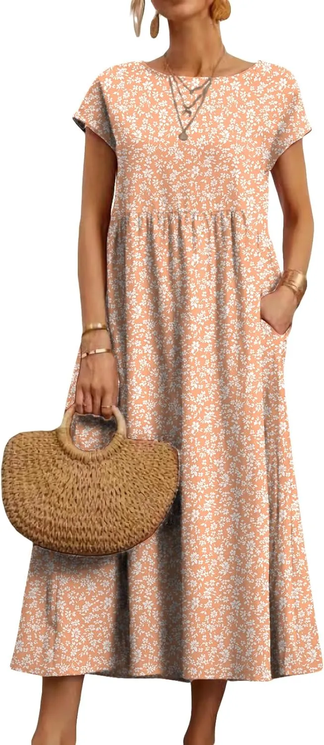HOTYD Women's Boho Floral Midi Dress Summer Vacation Casual Flowy Pleated Short Sleeve Long Tshirt Dress with Pockets