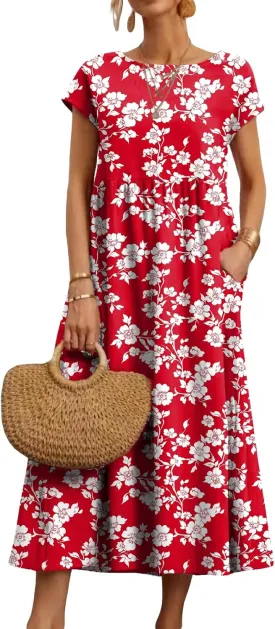 HOTYD Women's Boho Floral Midi Dress Summer Vacation Casual Flowy Pleated Short Sleeve Long Tshirt Dress with Pockets