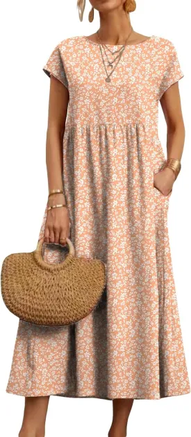 HOTYD Women's Boho Floral Midi Dress Summer Vacation Casual Flowy Pleated Short Sleeve Long Tshirt Dress with Pockets