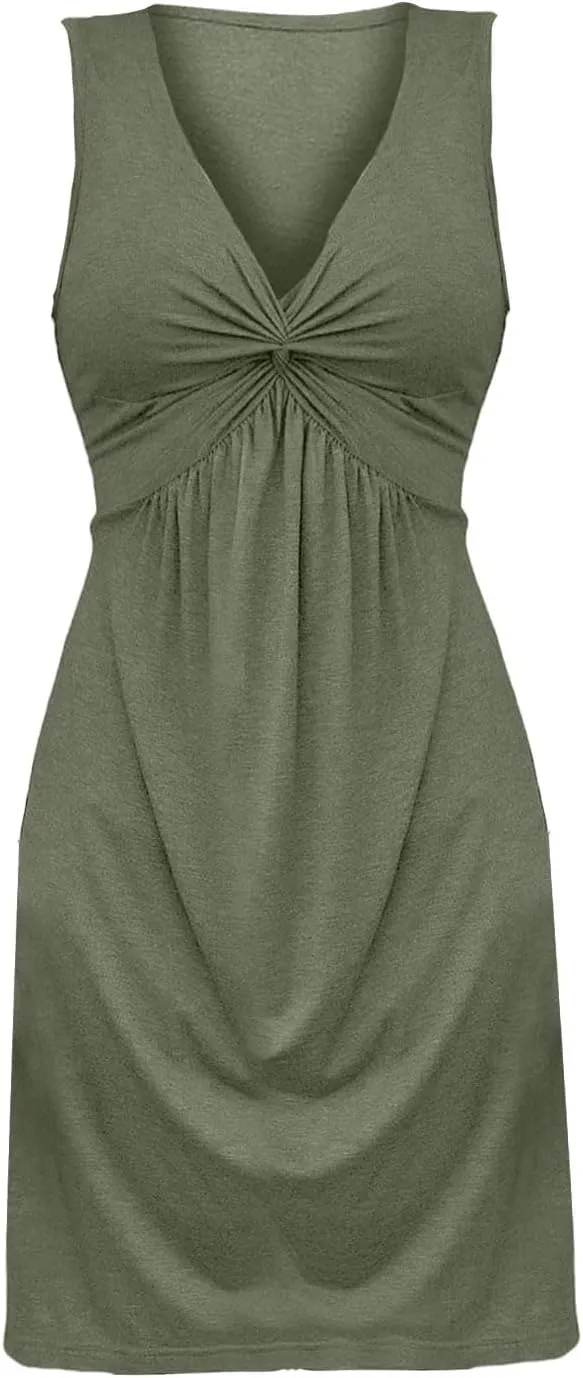 Knotted Front Dresses for Women V Neck Sleeveless Tank Dresses A Line Casual Sundress Vacasion Outfits