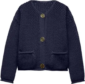 Locachy Women's Crochet Chunky Knit Sweater Cardigan Trendy Crewneck Gold Button Down Sweater