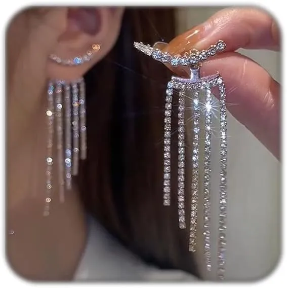 Long Tassel Earrings for Women Sparkle Rhinestone Silver Prom Dress Earring Dangly Crystal Front Back Climber Ear Stud For Wedding Birthday Party Dresses Outfits Jewelry