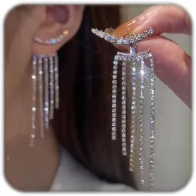 Long Tassel Earrings for Women Sparkle Rhinestone Silver Prom Dress Earring Dangly Crystal Front Back Climber Ear Stud For Wedding Birthday Party Dresses Outfits Jewelry