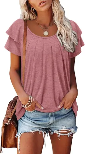 Magritta Womens Shirts Dressy Casual Short Sleeve Blouses Loose Fit Pleated Front Summer Tunic Tops