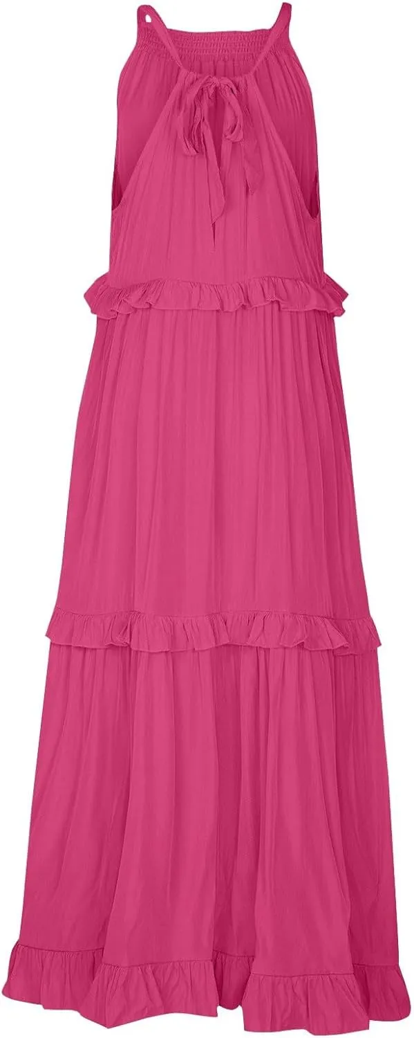 Maxi Dresses for Women 2025 Summer Smocked Ruffle Sundress Tiered Beach Dress Flowy Halter Sleeveless Long Dress