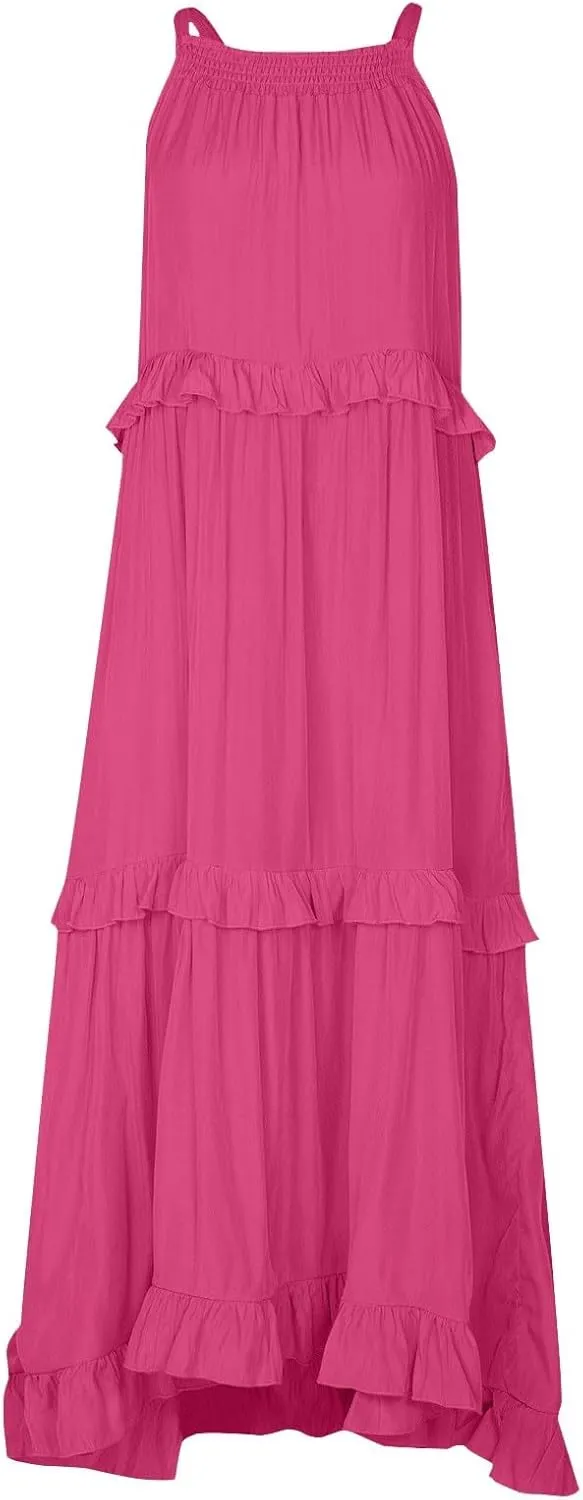 Maxi Dresses for Women 2025 Summer Smocked Ruffle Sundress Tiered Beach Dress Flowy Halter Sleeveless Long Dress