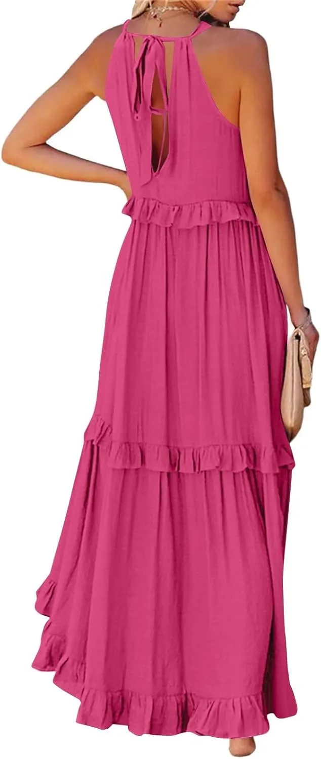 Maxi Dresses for Women 2025 Summer Smocked Ruffle Sundress Tiered Beach Dress Flowy Halter Sleeveless Long Dress