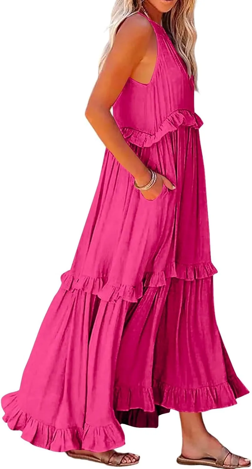 Maxi Dresses for Women 2025 Summer Smocked Ruffle Sundress Tiered Beach Dress Flowy Halter Sleeveless Long Dress
