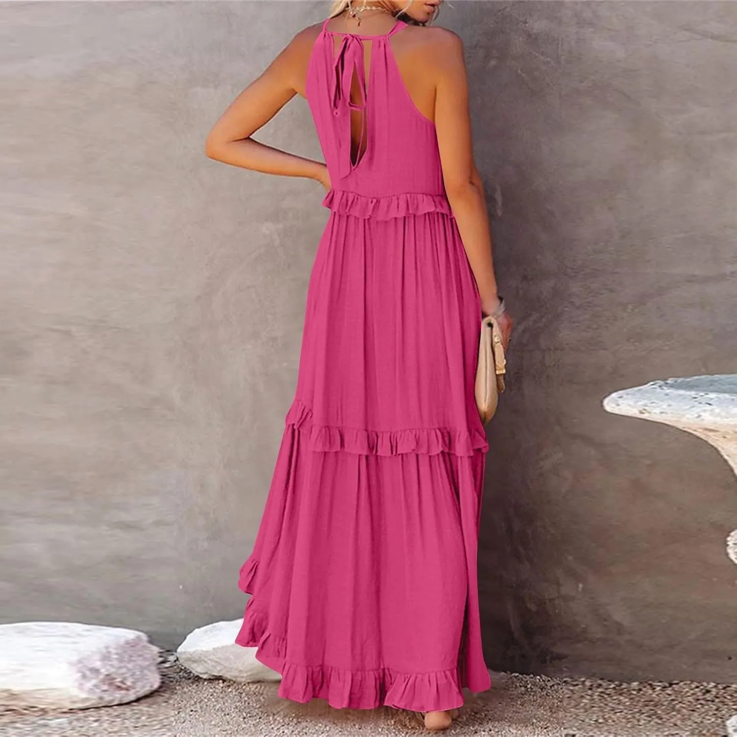 Maxi Dresses for Women 2025 Summer Smocked Ruffle Sundress Tiered Beach Dress Flowy Halter Sleeveless Long Dress