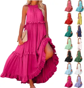 Maxi Dresses for Women 2025 Summer Smocked Ruffle Sundress Tiered Beach Dress Flowy Halter Sleeveless Long Dress