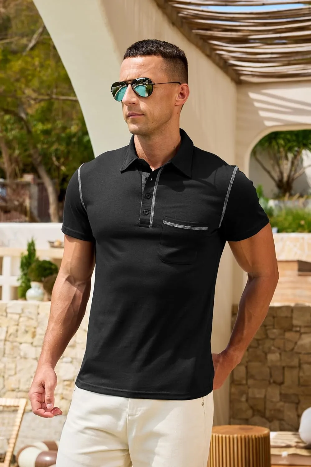 Men's Casual Polo Shirts Classic Short Sleeve Lightweight Button Cotton T-Shirt Golf Tee Tops with Pocket