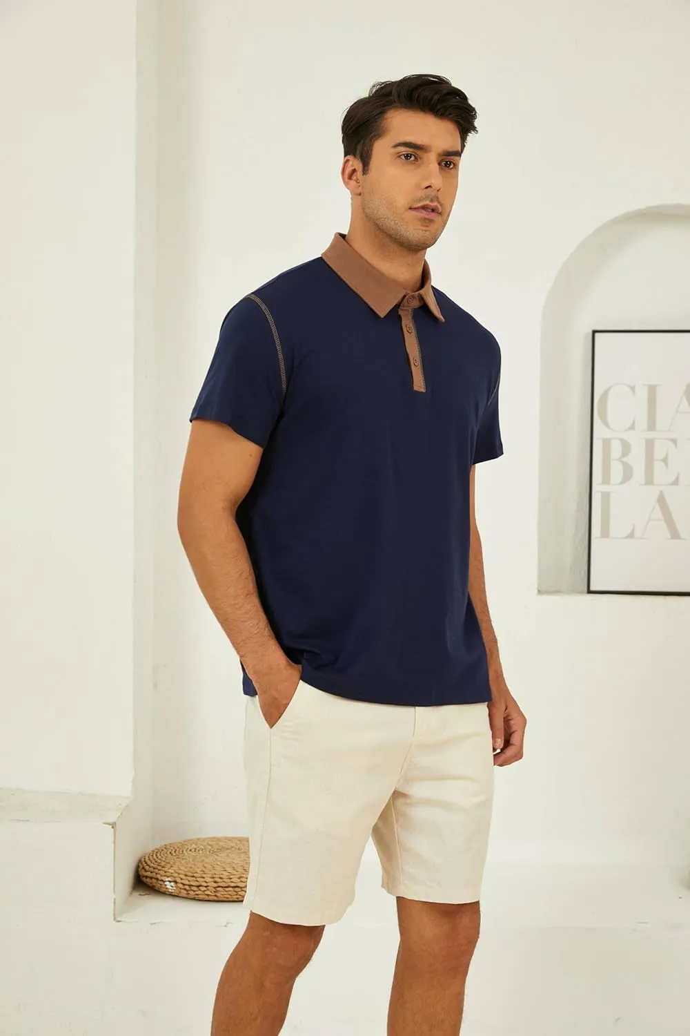 Men's Fashion Polo Shirts Classic Short Sleeve Lightweight Button Cotton T-Shirt Casual Golf Tee Tops with Pocket