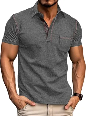 Men's Fashion Polo Shirts Classic Short Sleeve Lightweight Button Cotton T-Shirt Casual Golf Tee Tops with Pocket