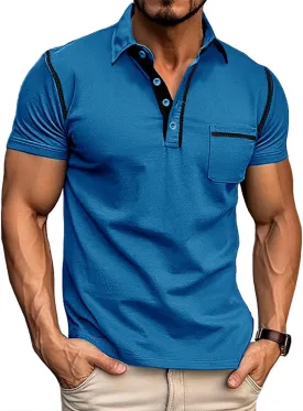 Men's Fashion Polo Shirts Classic Short Sleeve Lightweight Button Cotton T-Shirt Casual Golf Tee Tops with Pocket