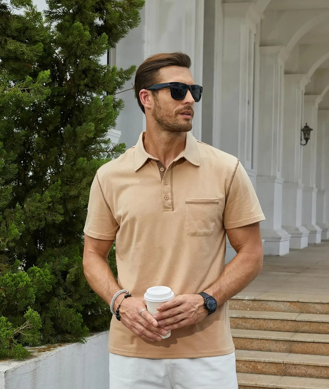 Men's Fashion Polo Shirts Classic Short Sleeve Lightweight Button Cotton T-Shirt Casual Golf Tee Tops with Pocket