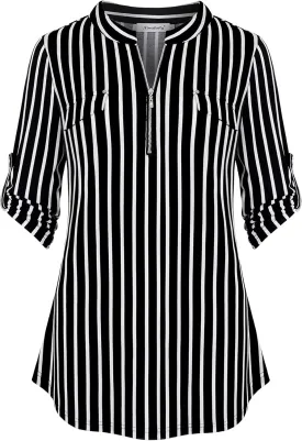 Ninedaily Women's 3/4 Sleeve Plaid Shirts Zip Floral Casual Tunic Blouse Tops