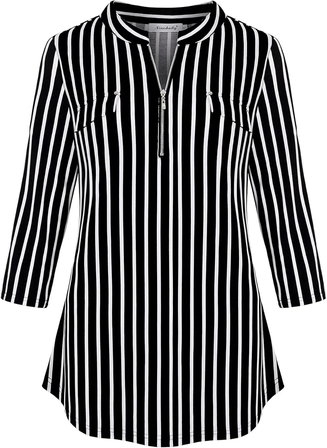 Ninedaily Women's 3/4 Sleeve Plaid Shirts Zip Floral Casual Tunic Blouse Tops