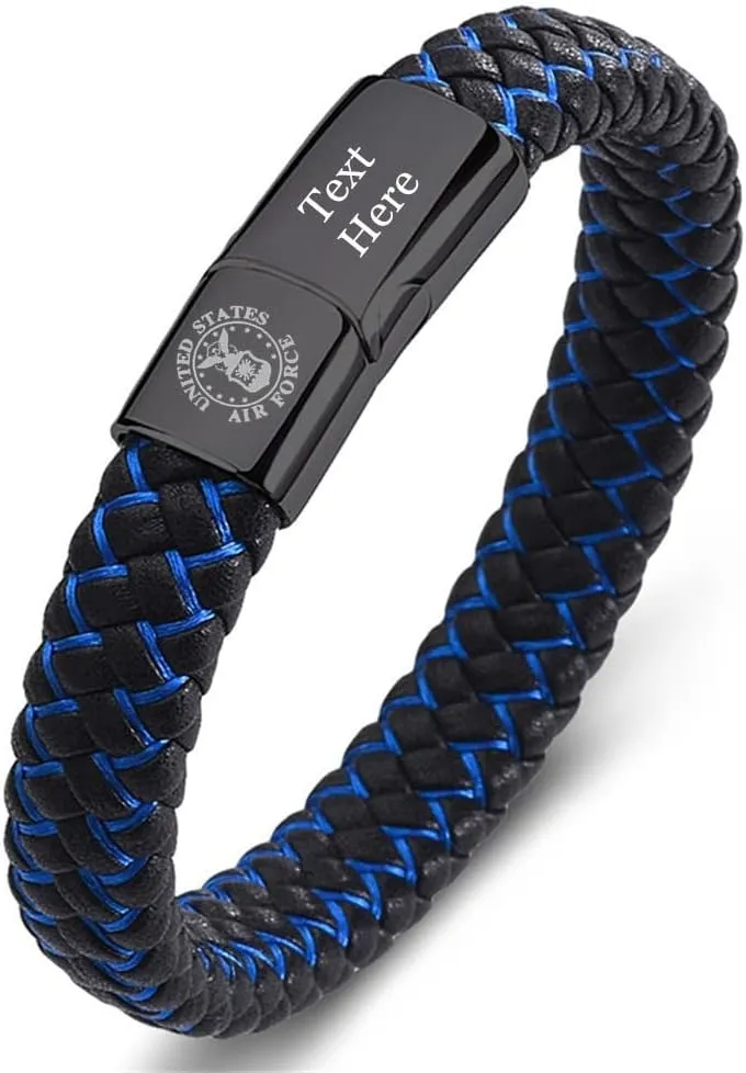 Personalized US Marine Air Force Army Navy Bracelet for Men,Custom Name Military Cuff Bangle Stainless Steel Braided Leather Wristband Recruit Veteran Soliders Police Hero Jewelry Gifts