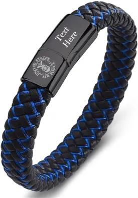 Personalized US Marine Air Force Army Navy Bracelet for Men,Custom Name Military Cuff Bangle Stainless Steel Braided Leather Wristband Recruit Veteran Soliders Police Hero Jewelry Gifts