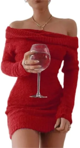 Punki Women's Off Shoulder Sweater Mini Dress Fuzzy Knit Long Sleeve Chunky Pullover Bodycon Party Club Dresses