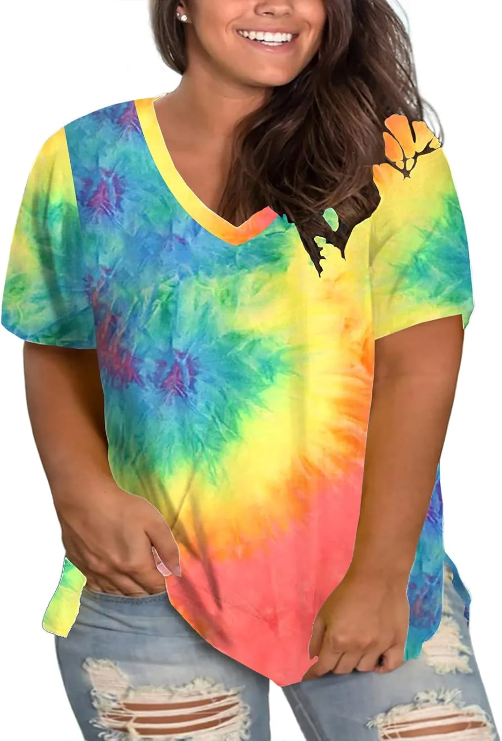 ROSRISS Womens Plus Size Short Sleeve T Shirt V Neck High Low Tops Blouse Tunics with Side Split