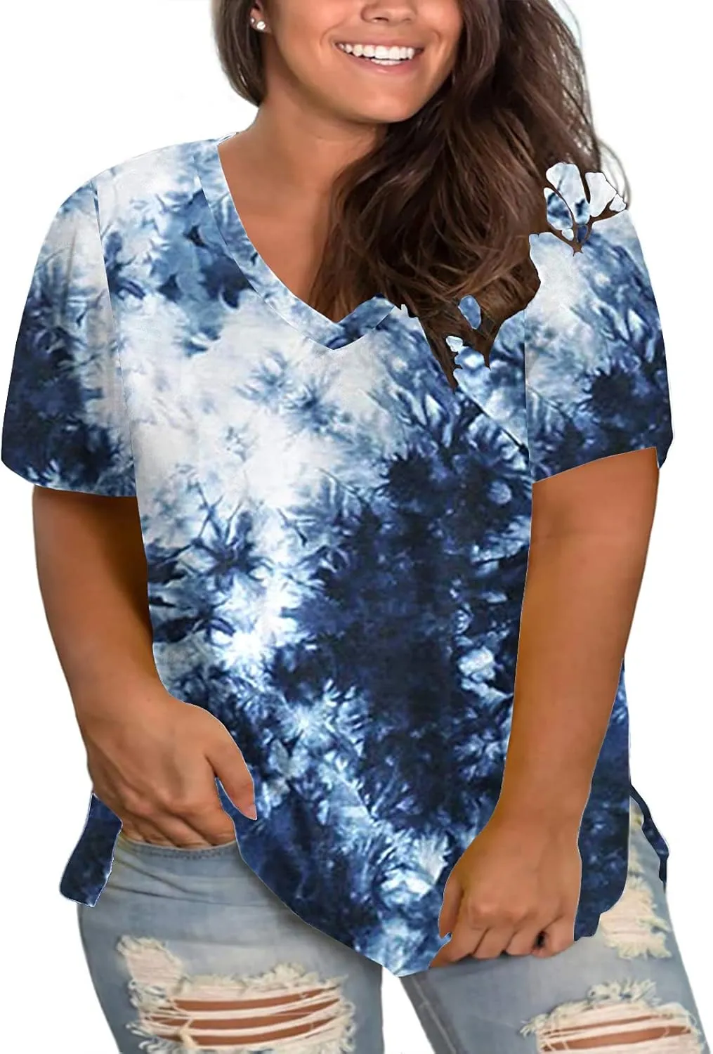 ROSRISS Womens Plus Size Short Sleeve T Shirt V Neck High Low Tops Blouse Tunics with Side Split