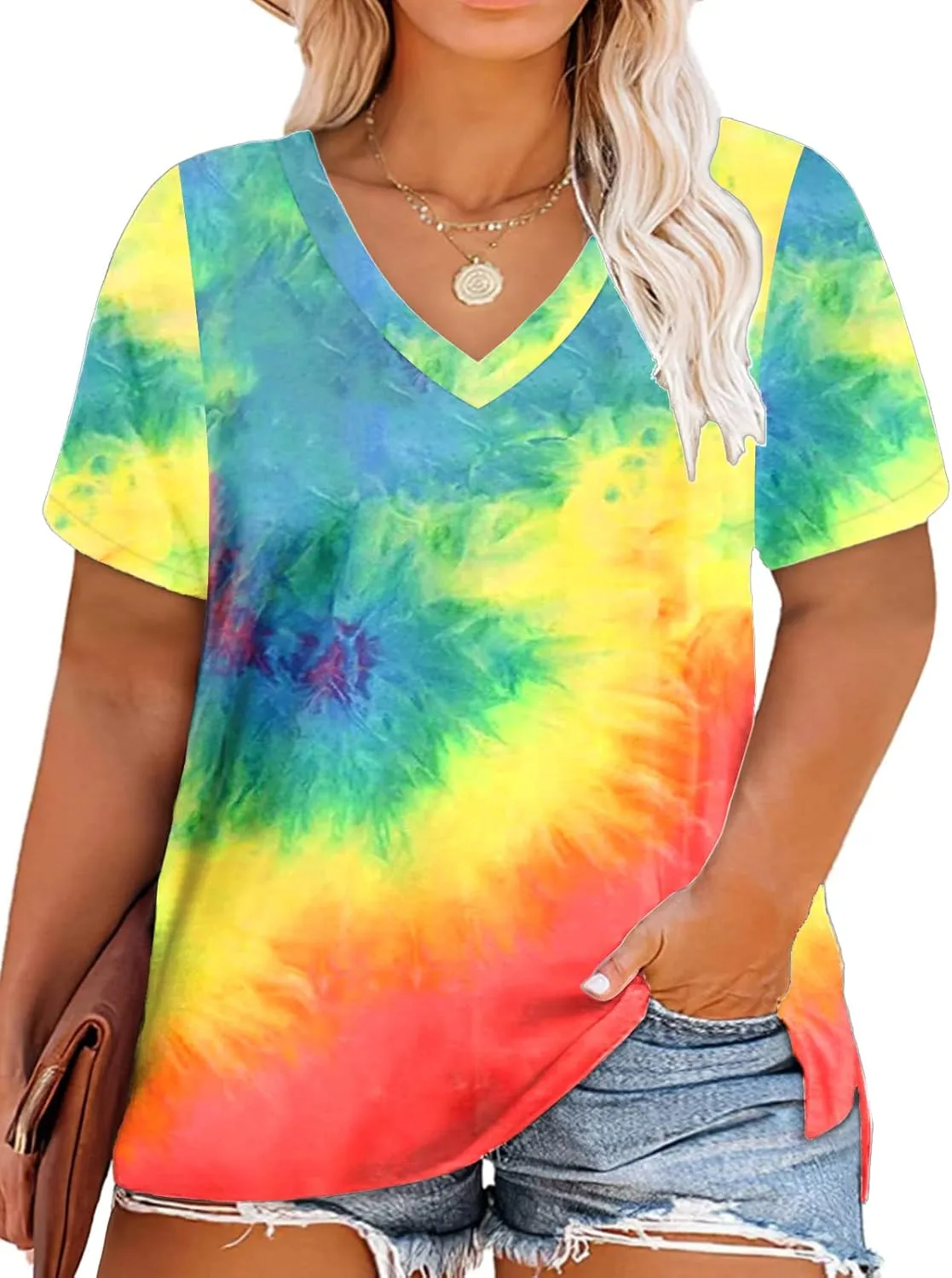 ROSRISS Womens Plus Size Short Sleeve T Shirt V Neck High Low Tops Blouse Tunics with Side Split