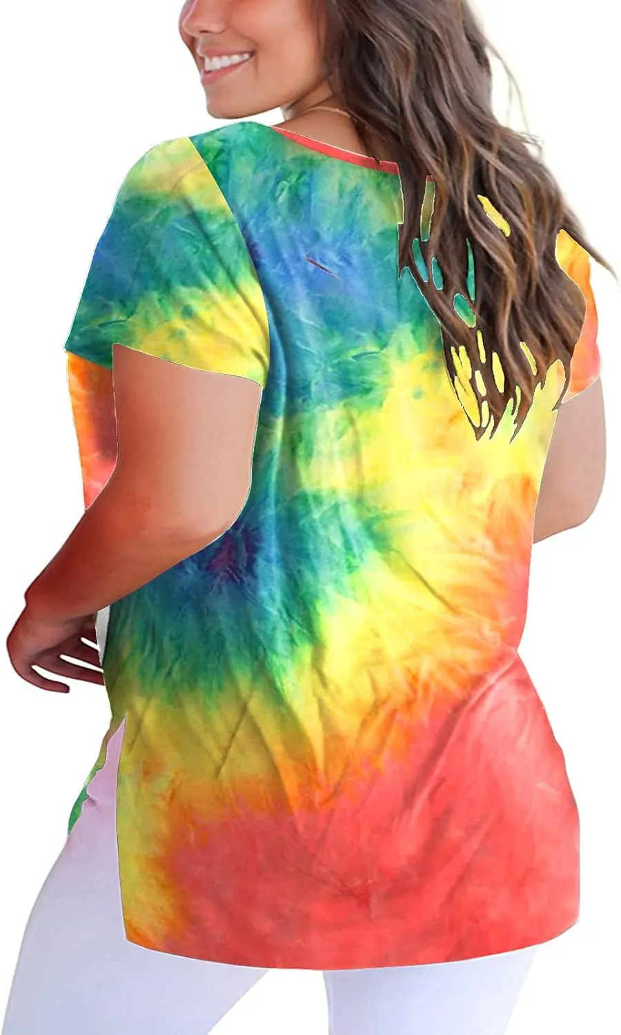 ROSRISS Womens Plus Size Short Sleeve T Shirt V Neck High Low Tops Blouse Tunics with Side Split