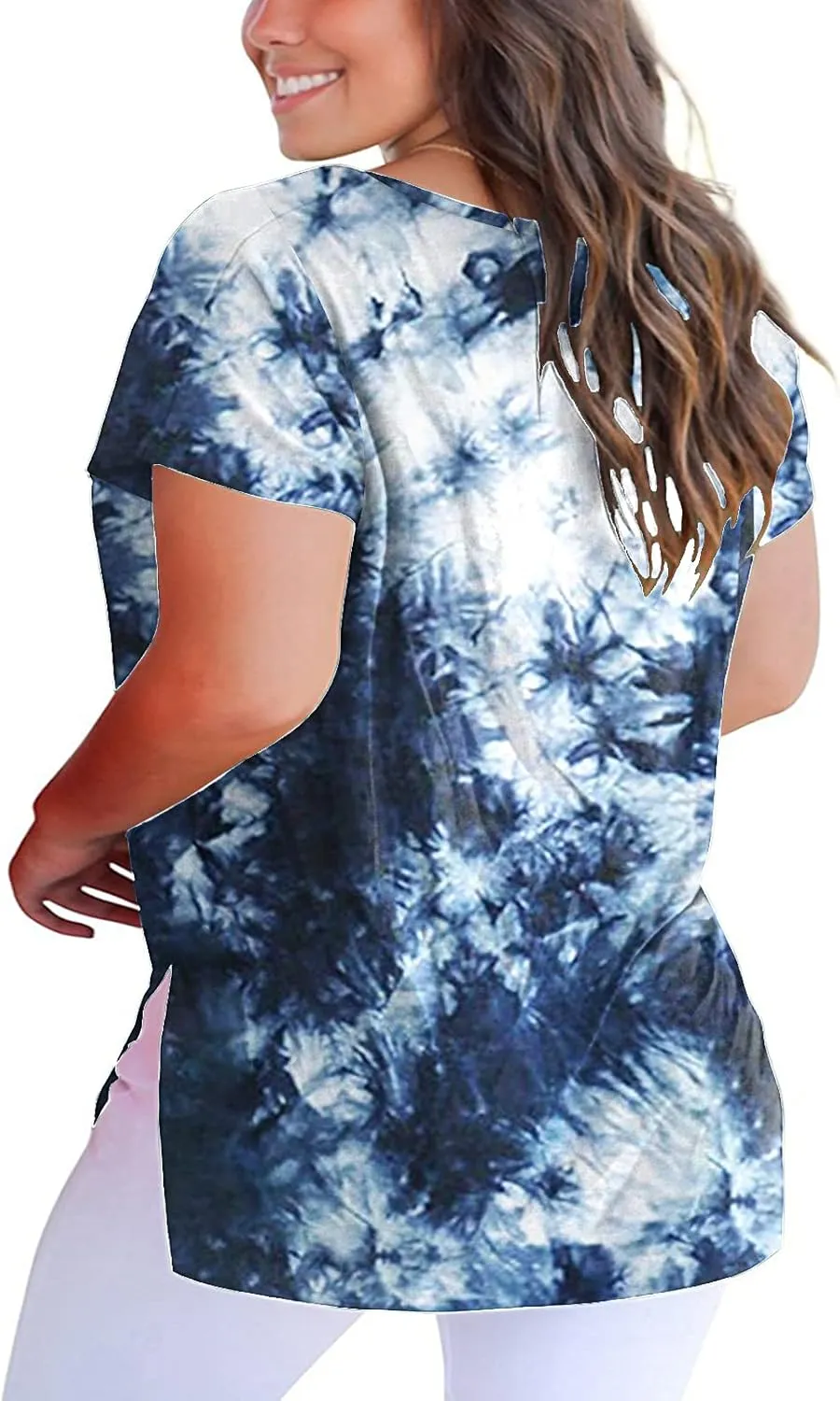 ROSRISS Womens Plus Size Short Sleeve T Shirt V Neck High Low Tops Blouse Tunics with Side Split