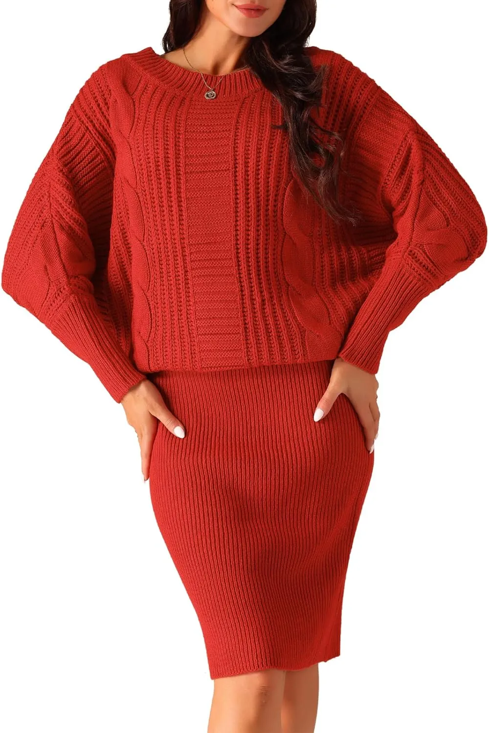 Seta T Women's Long Batwing Sleeve Sweater Dress Cable Knit Chunky Pullover Dresses