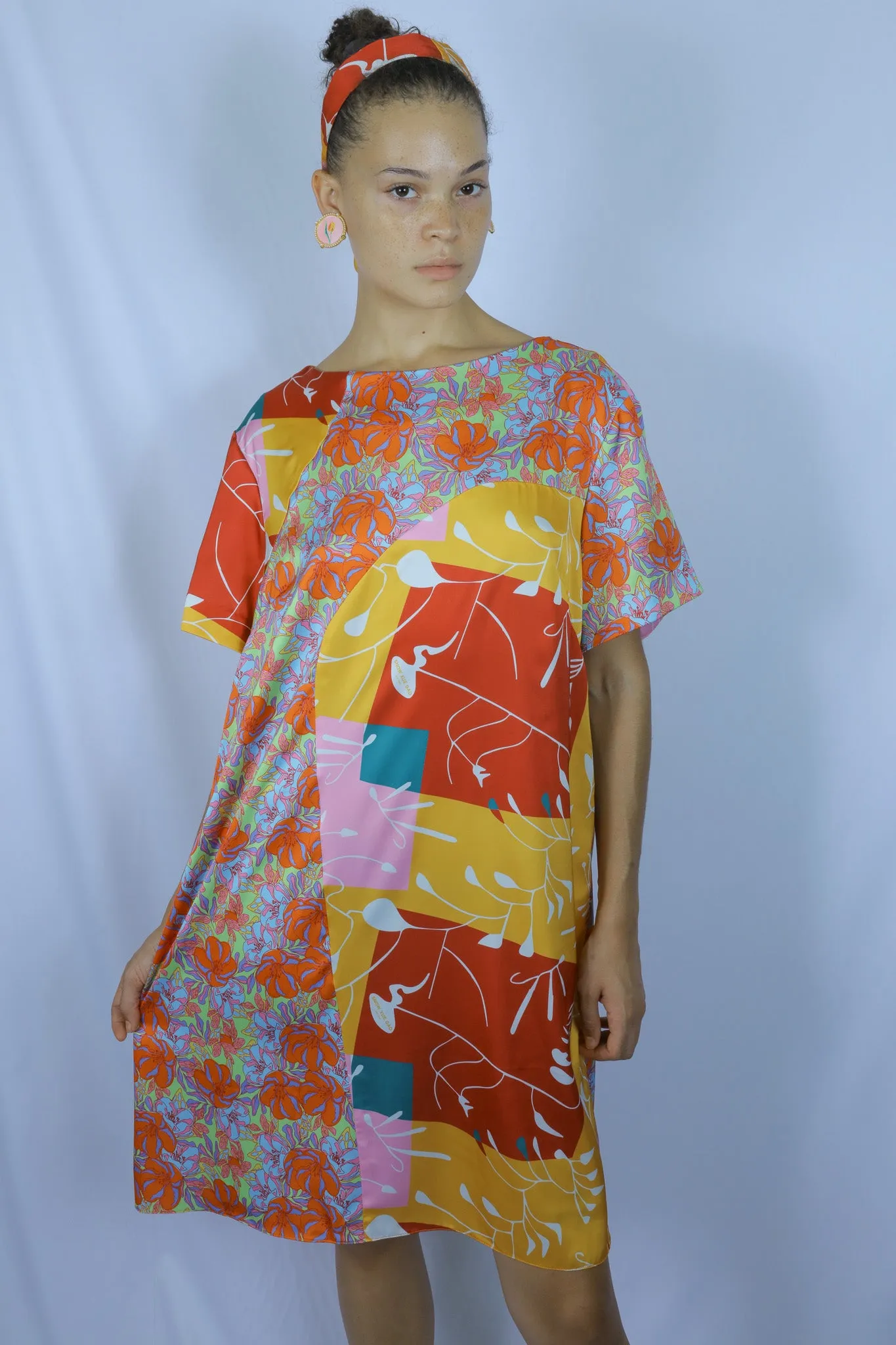 Silk Printed Orange Abstract Tunic Dress